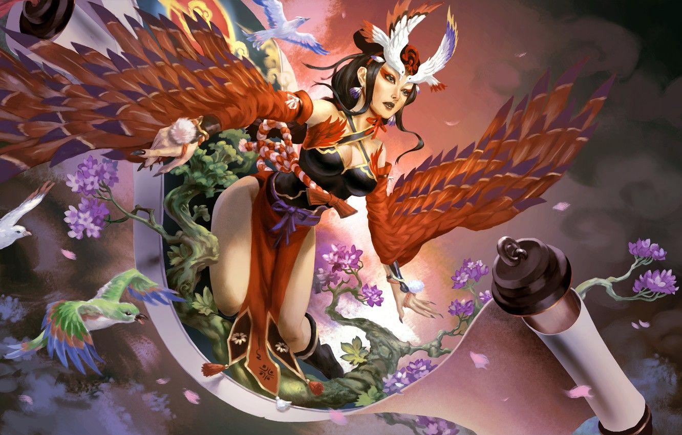 1332x850 Wallpaper chest, girl, bird, feet, wings, dress, art, scroll