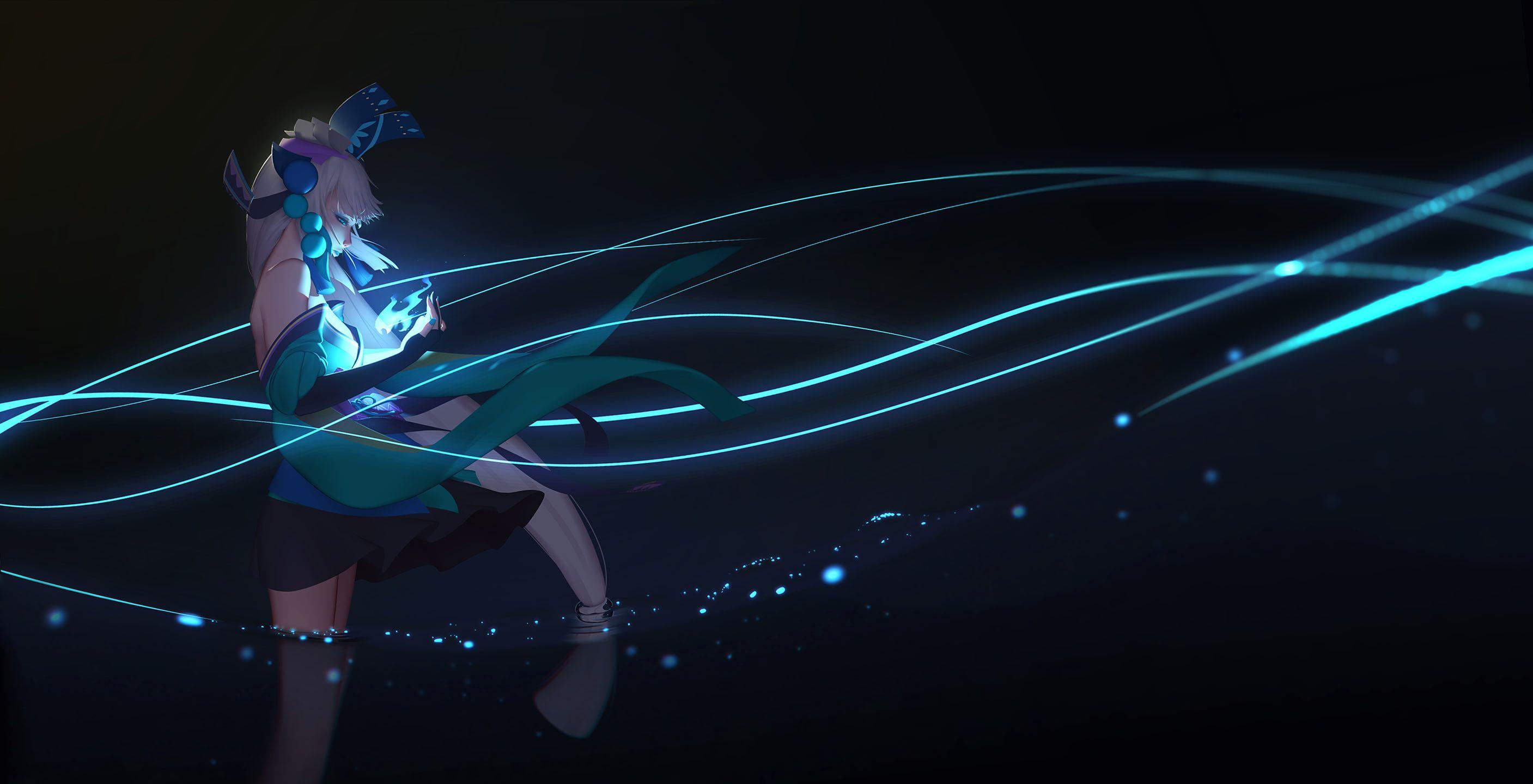 2814x1440 HD wallpaper: Onmyoji, Aoandon, white hair, long hair, anime