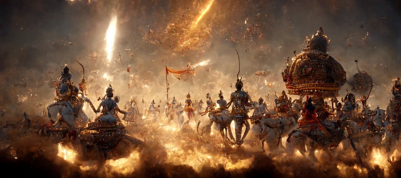 1366x607 prompthunt: Mahabharata, battle