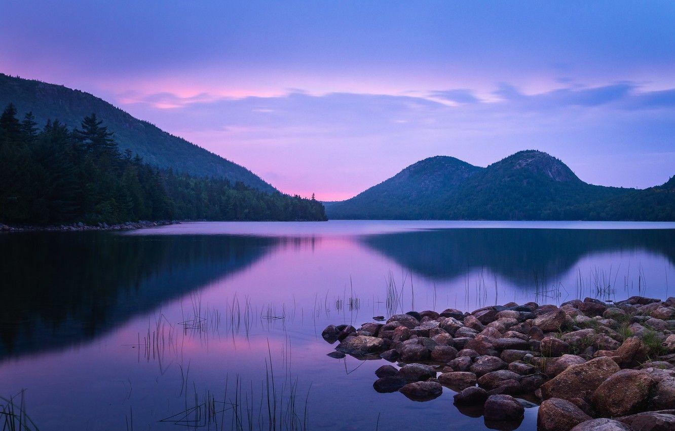 1332x850 Wallpaper sunset, mountains, lake, pond, reflection, stones, Maine