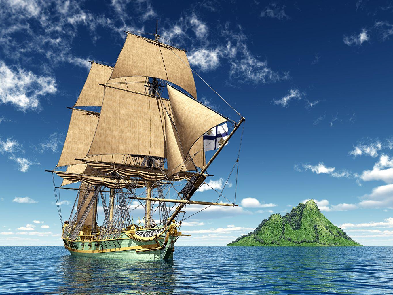 1365x1024 Wallpaper Sea 3D Graphics Sky Ships Sailing