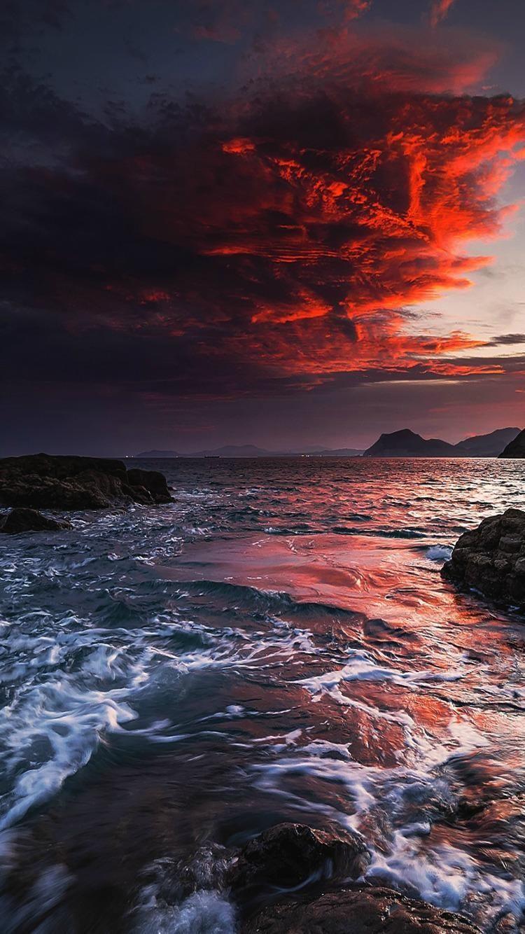 Wallpaper Sunset 4k HD wallpaper rocks sea ocean water red clouds  sky sun Nature 859