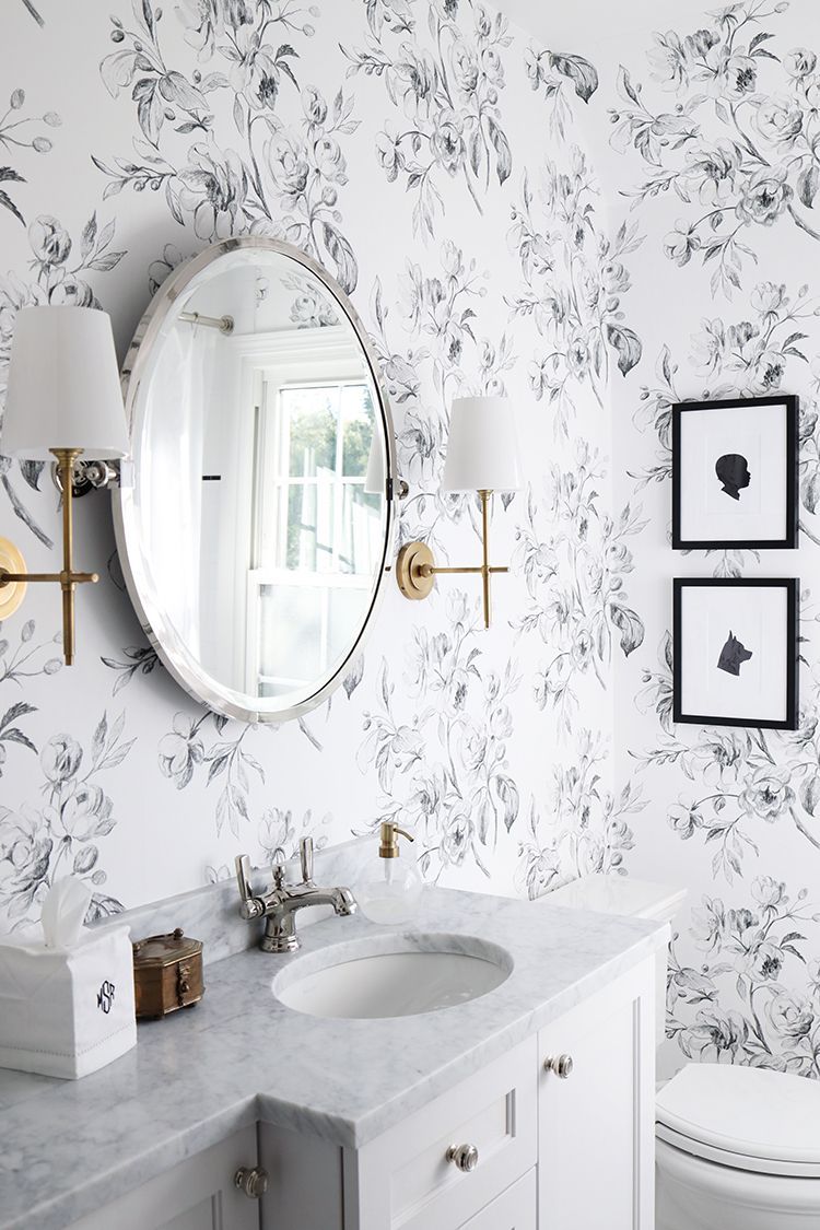 750x1125 Black and White Bathroom Design with Floral Wallpaper