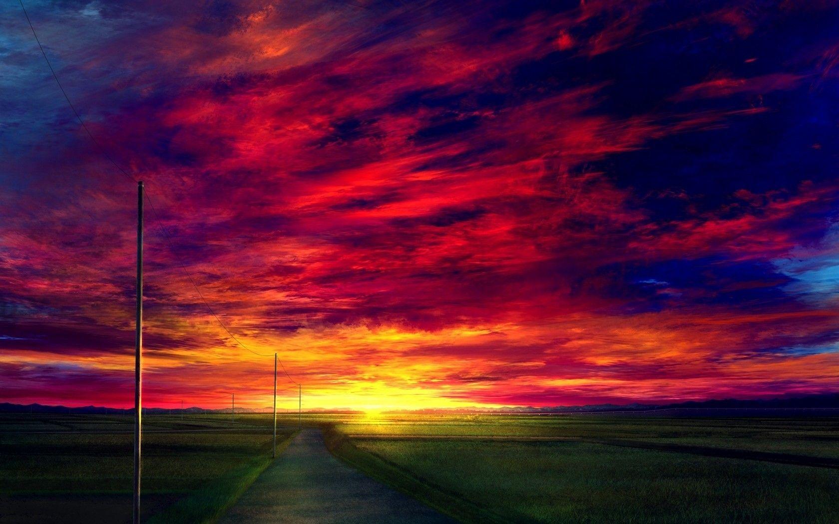 1680x1050 Download 1680x1050 Anime Landscape, Sunset, Red Sky
