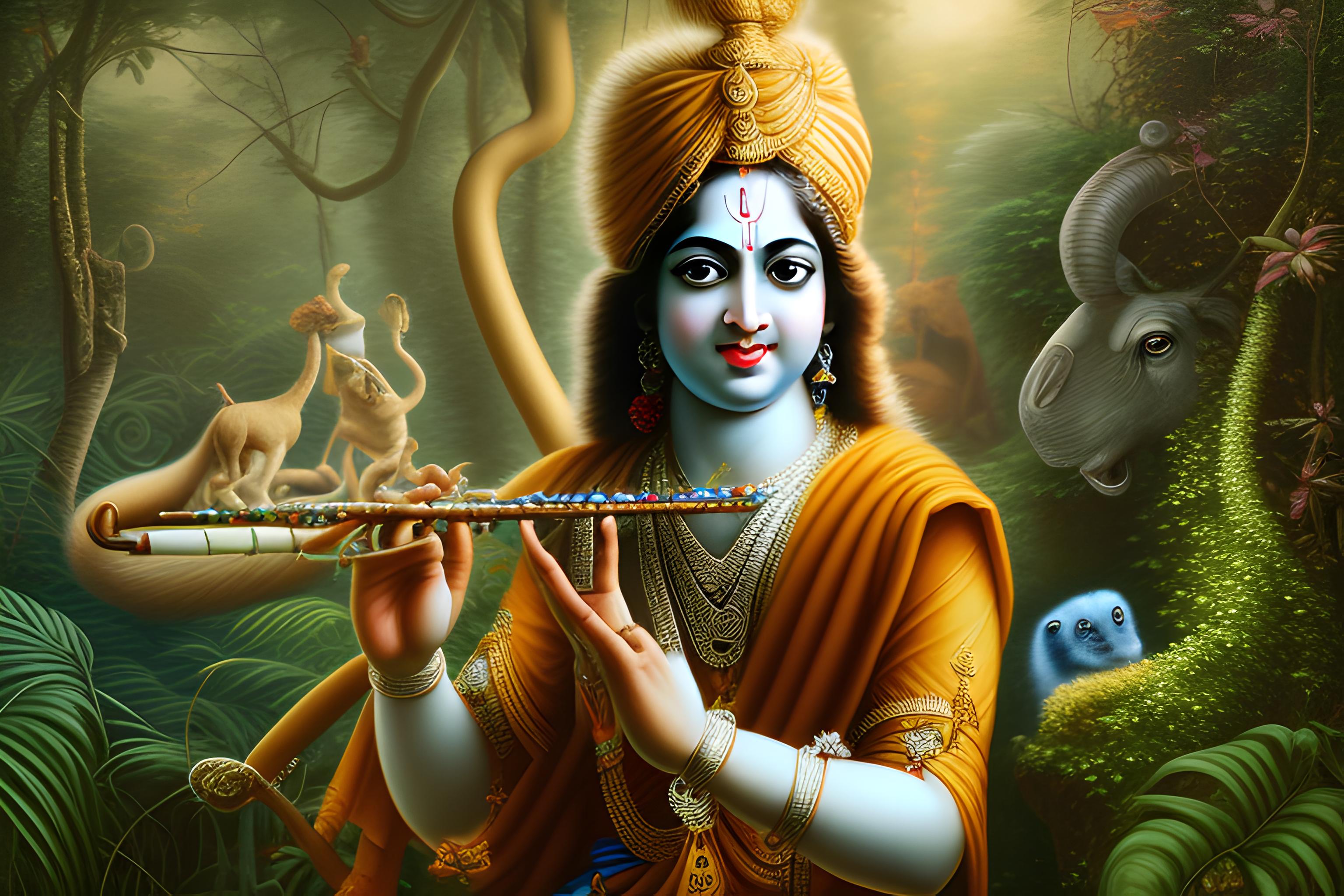 3072x2048 lord krishna in a jungle playing flute