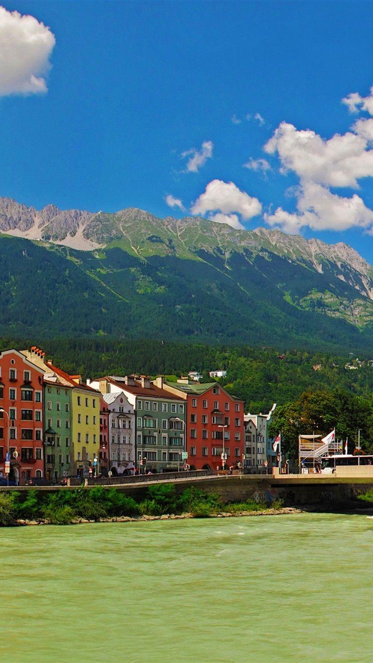 750x1334 Wallpaper Austria, Innsbruck, bridge, mountains, river