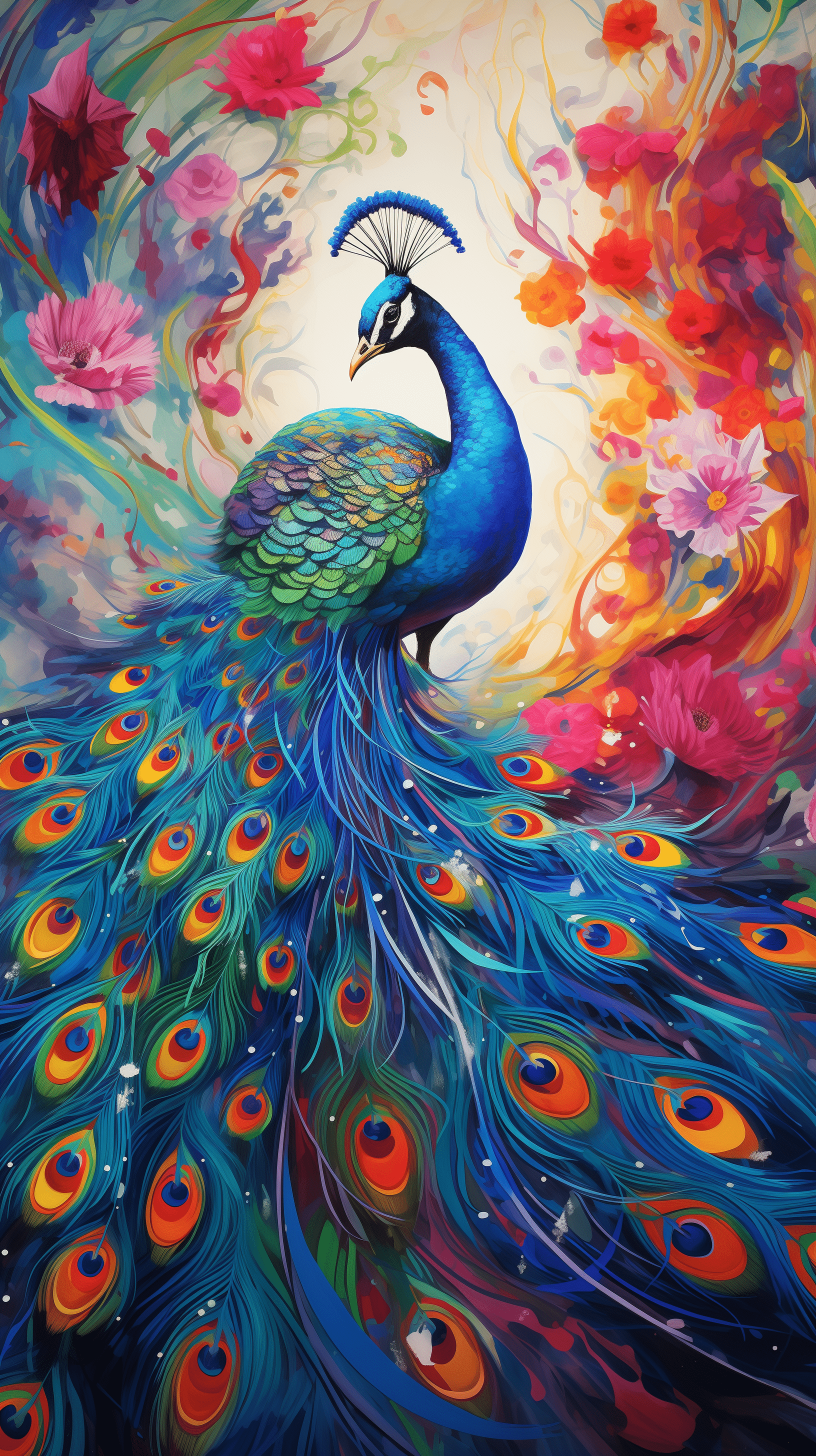 1632x2912 Colorful Peacock Art Phone Wallpaper