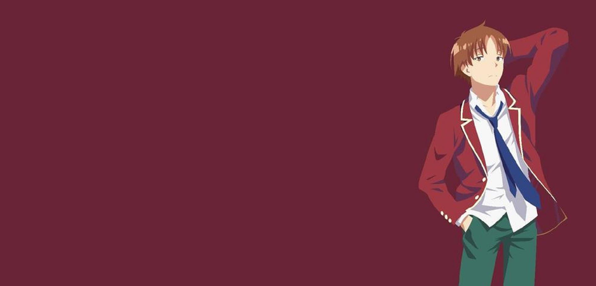 1920x924 Download Caption: Charismatic Kiyotaka Ayanokoji Posing in Maroon Banner Background Wallpaper