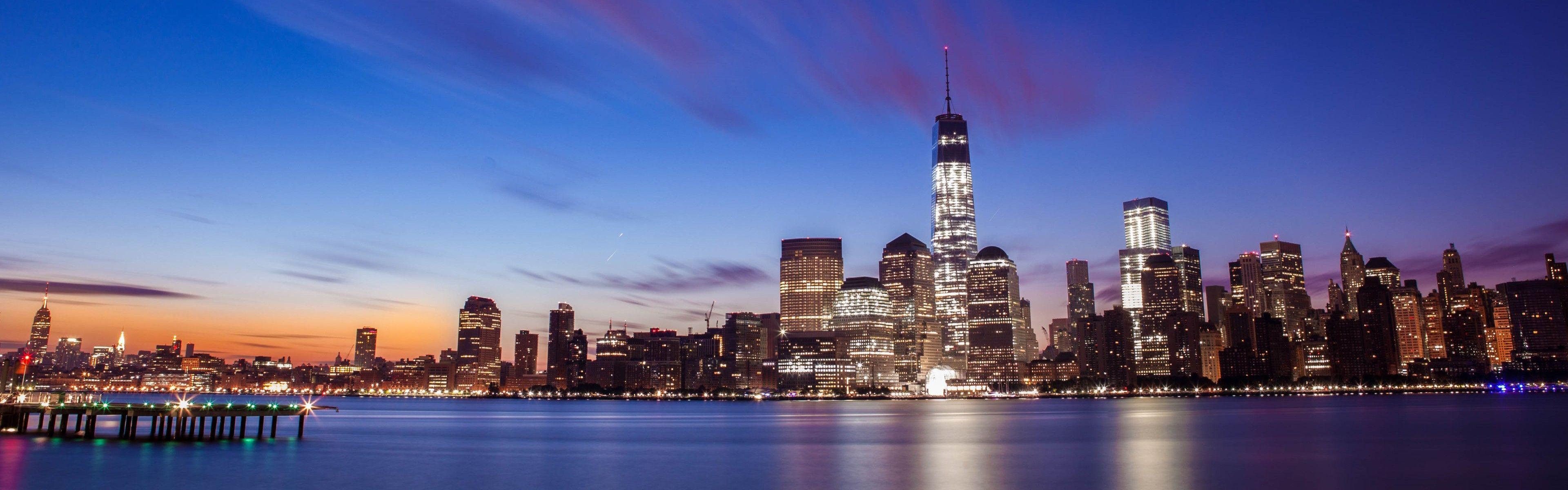 3840x1200 new york city city lights sunset reflection multiple
