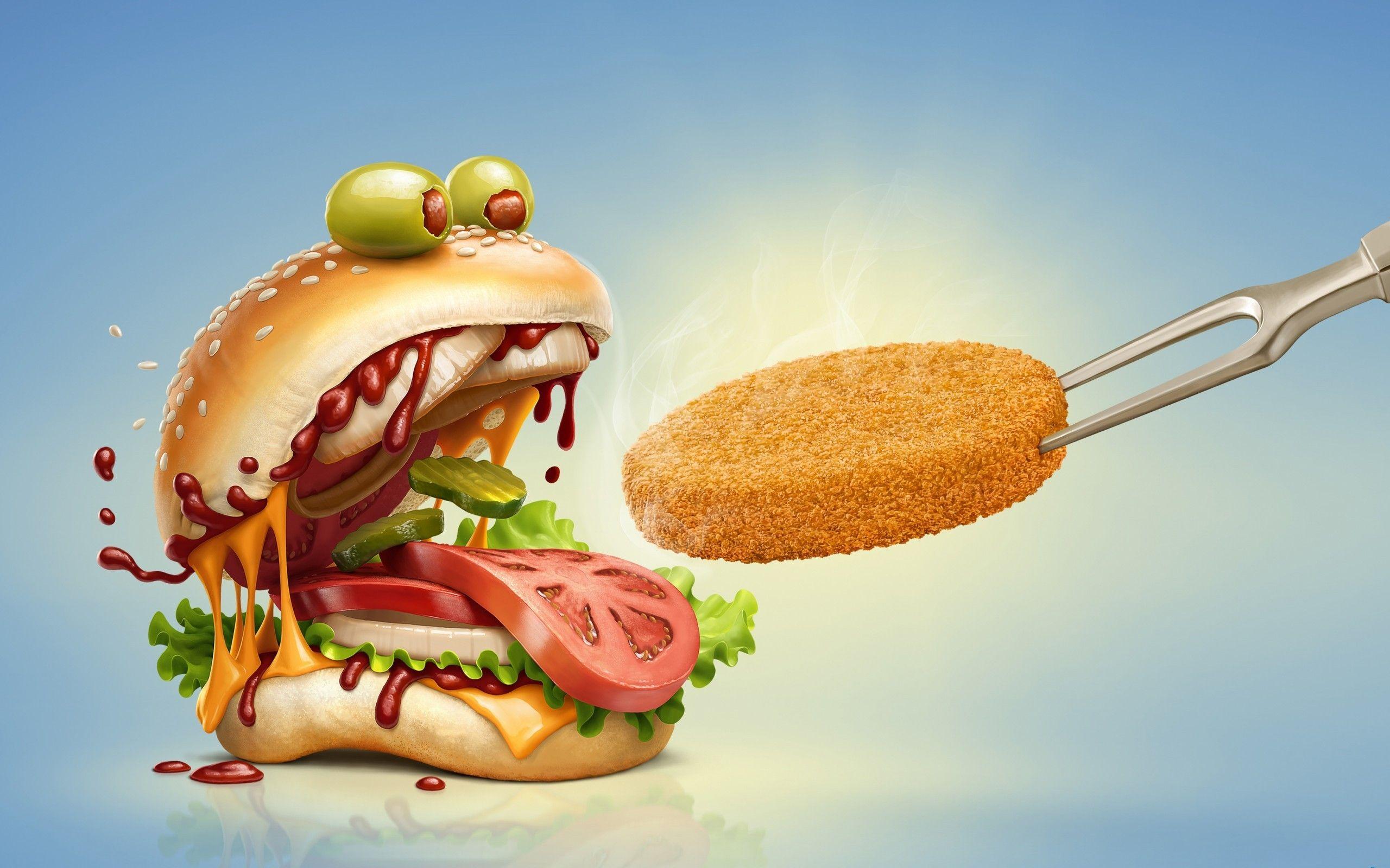 2560x1600 Download 2560x1600 Hamburger, Vegetables, Cartoon Wallpaper
