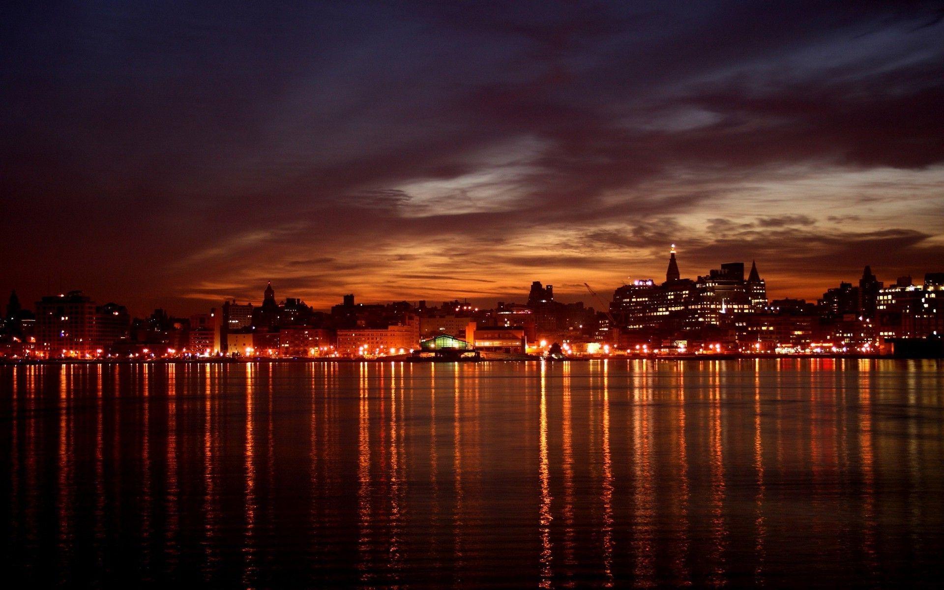 1920x1200 skyline, Night, City, Lights, Reflection, Lake, New York