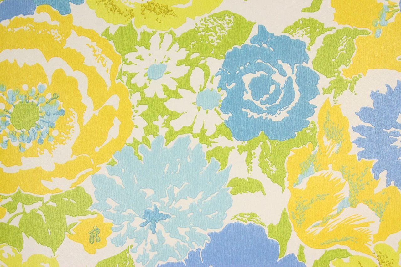 1280x853 1970s Retro Vintage Wallpaper Blue Yellow Flowers