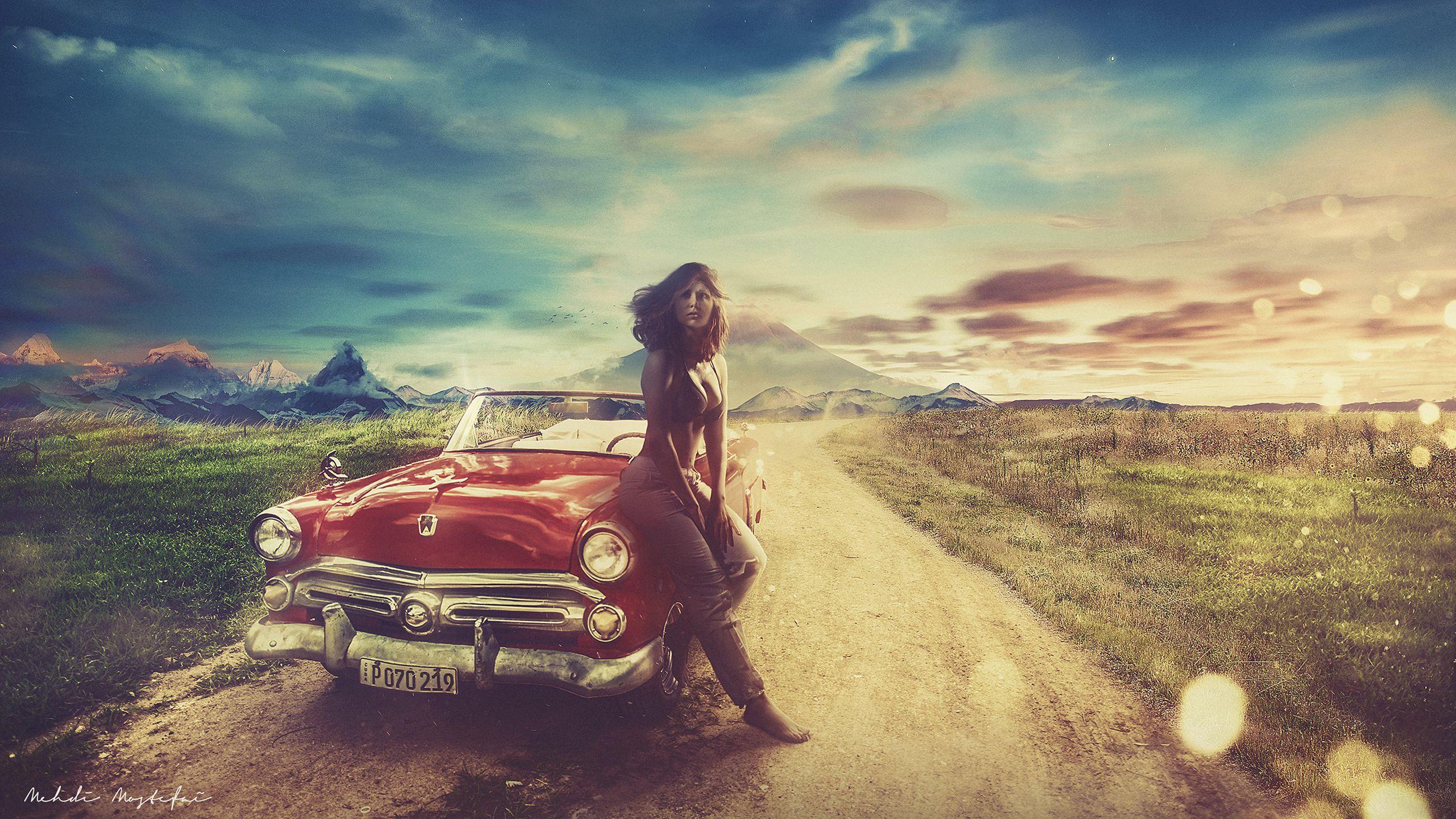 2560x1440 Vintage car Hot girl Wallpaper