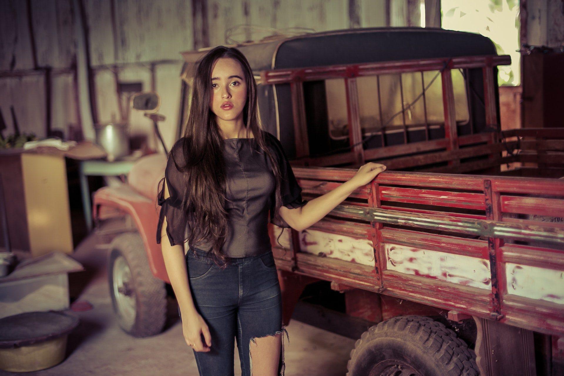 1920x1280 Cute girl with vintage pickup truck wallpaper