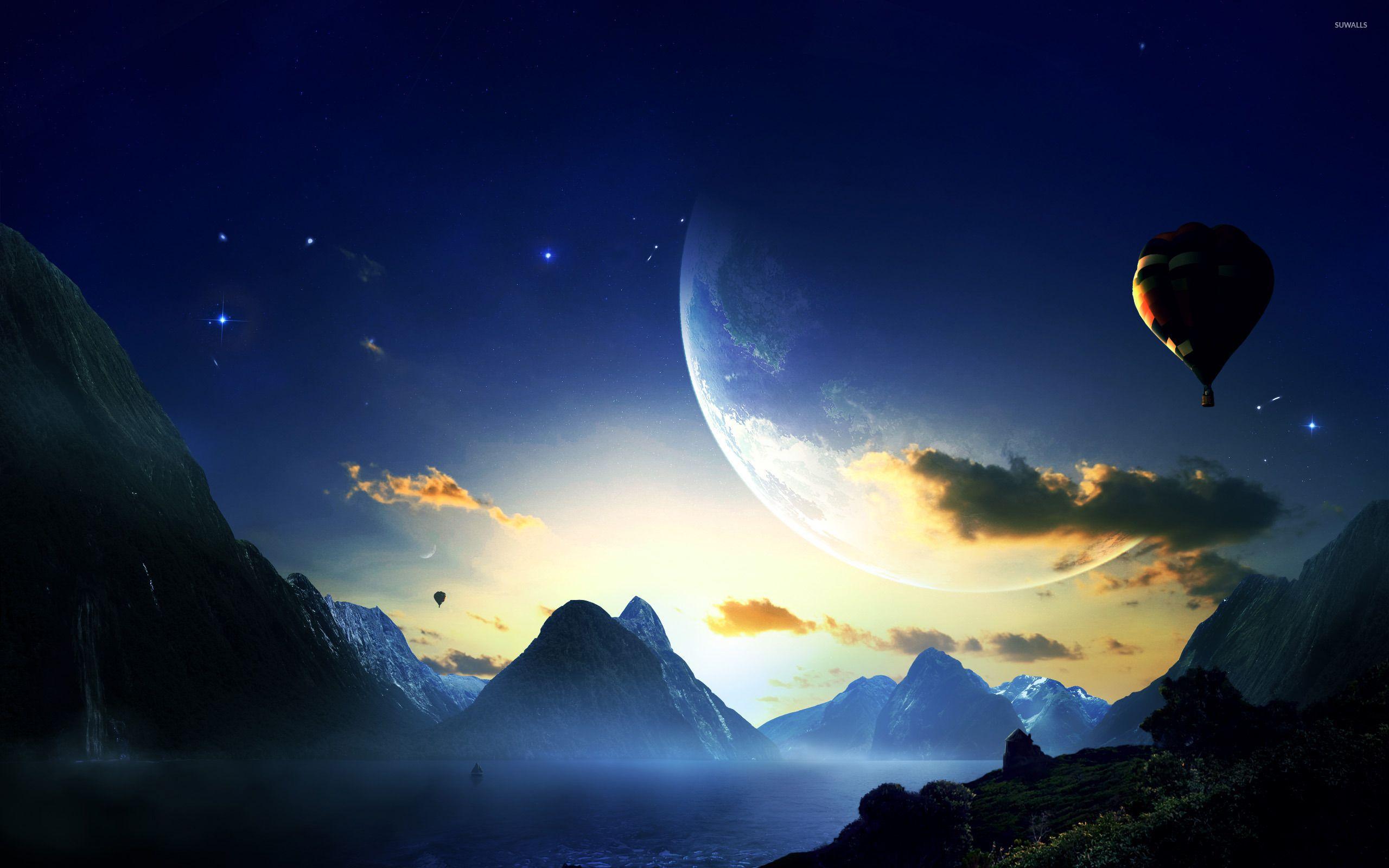 2560x1600 Hot air balloons above the mountain lake wallpaper