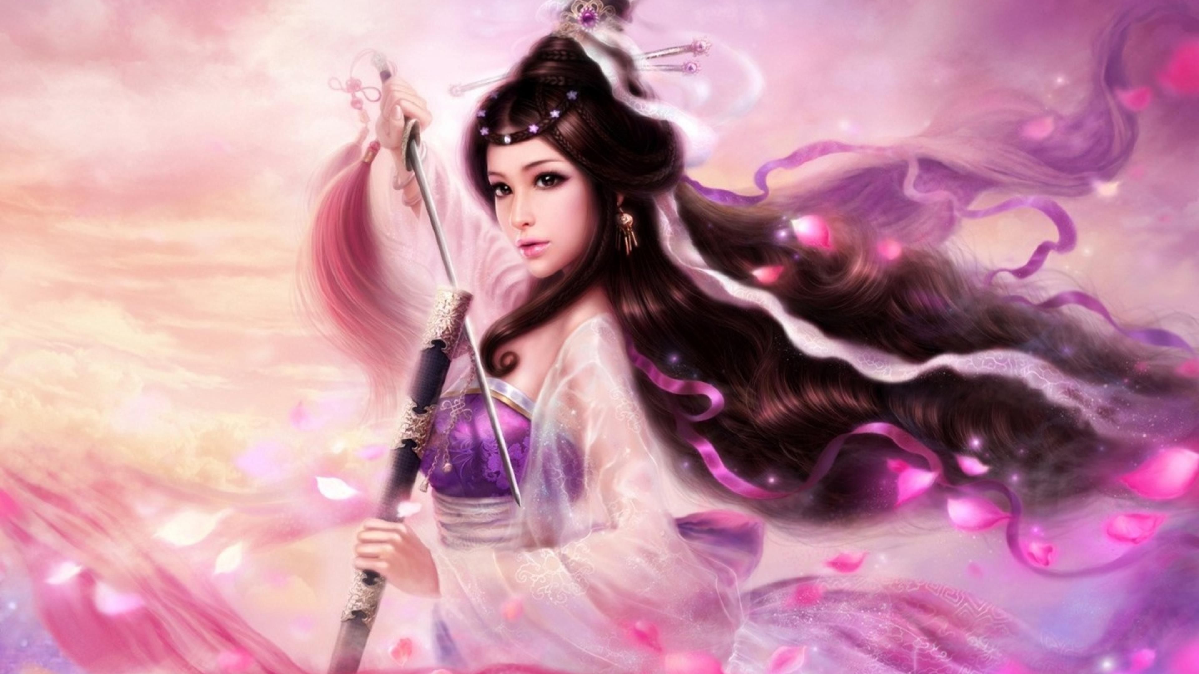 3840x2160 Samurai princess sword purple fantasy
