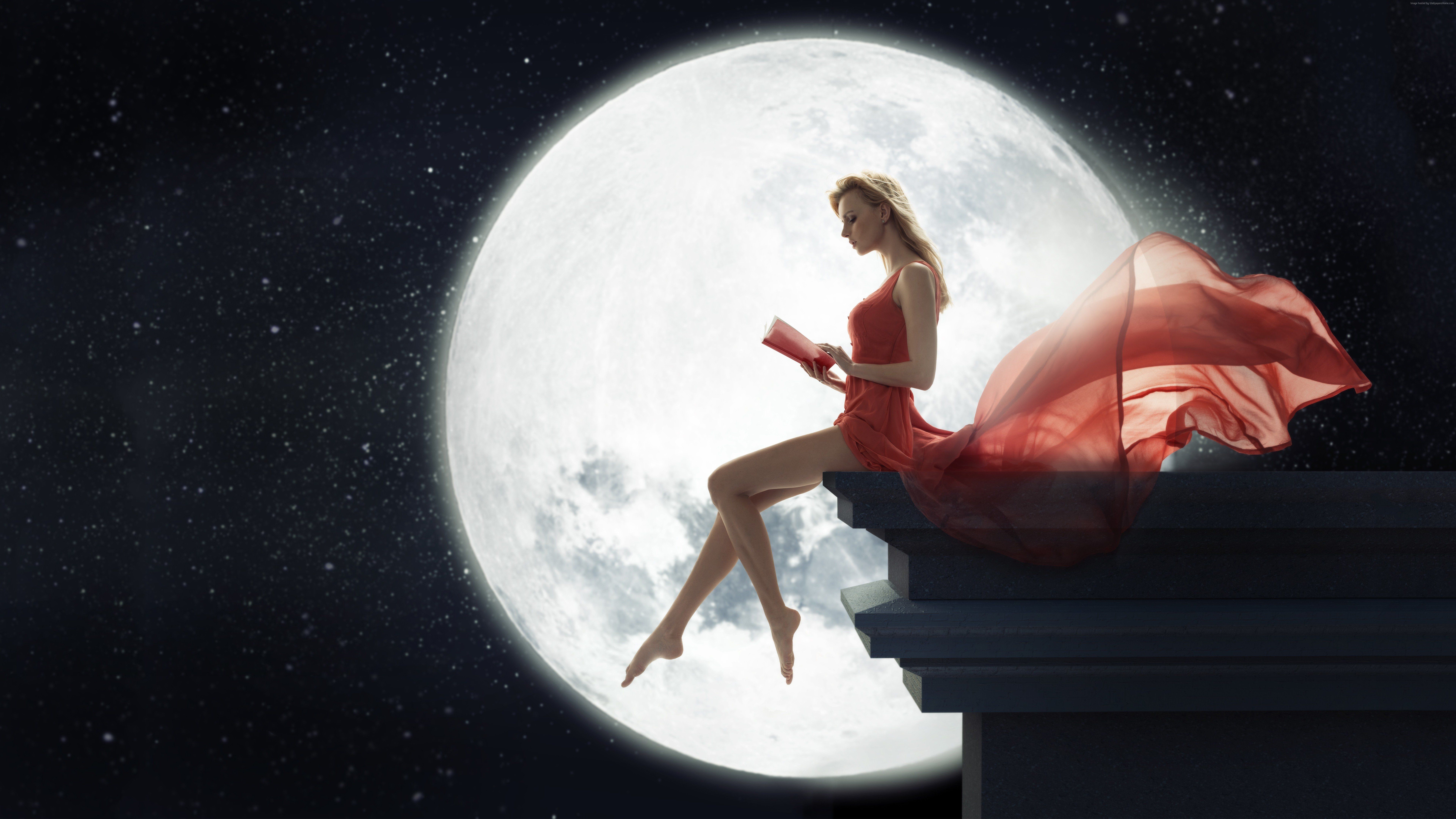 7680x4320 Girl And Moon Wallpaper