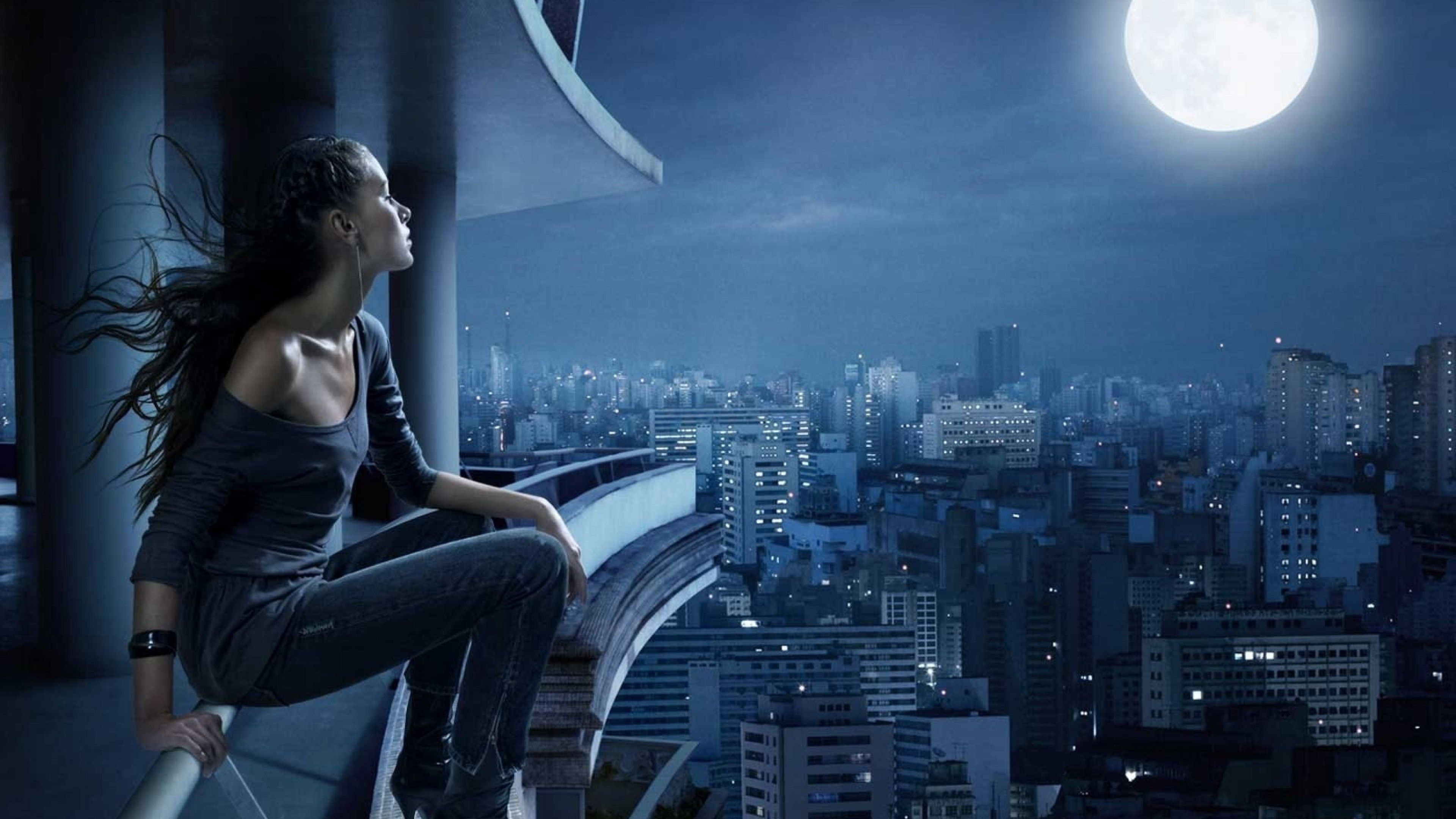 3840x2160 Girl watching the moon HD Wallpaper 4K