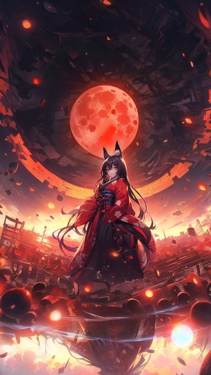 736x1308 Wallpaper girl, neko, moon, planet