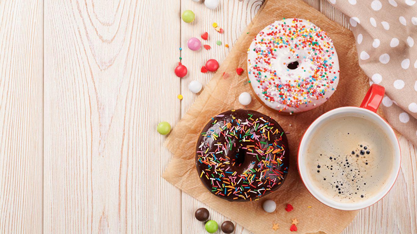 1366x768 Photos Candy Coffee Donuts Cup Food Pastry Wood planks 1366x768