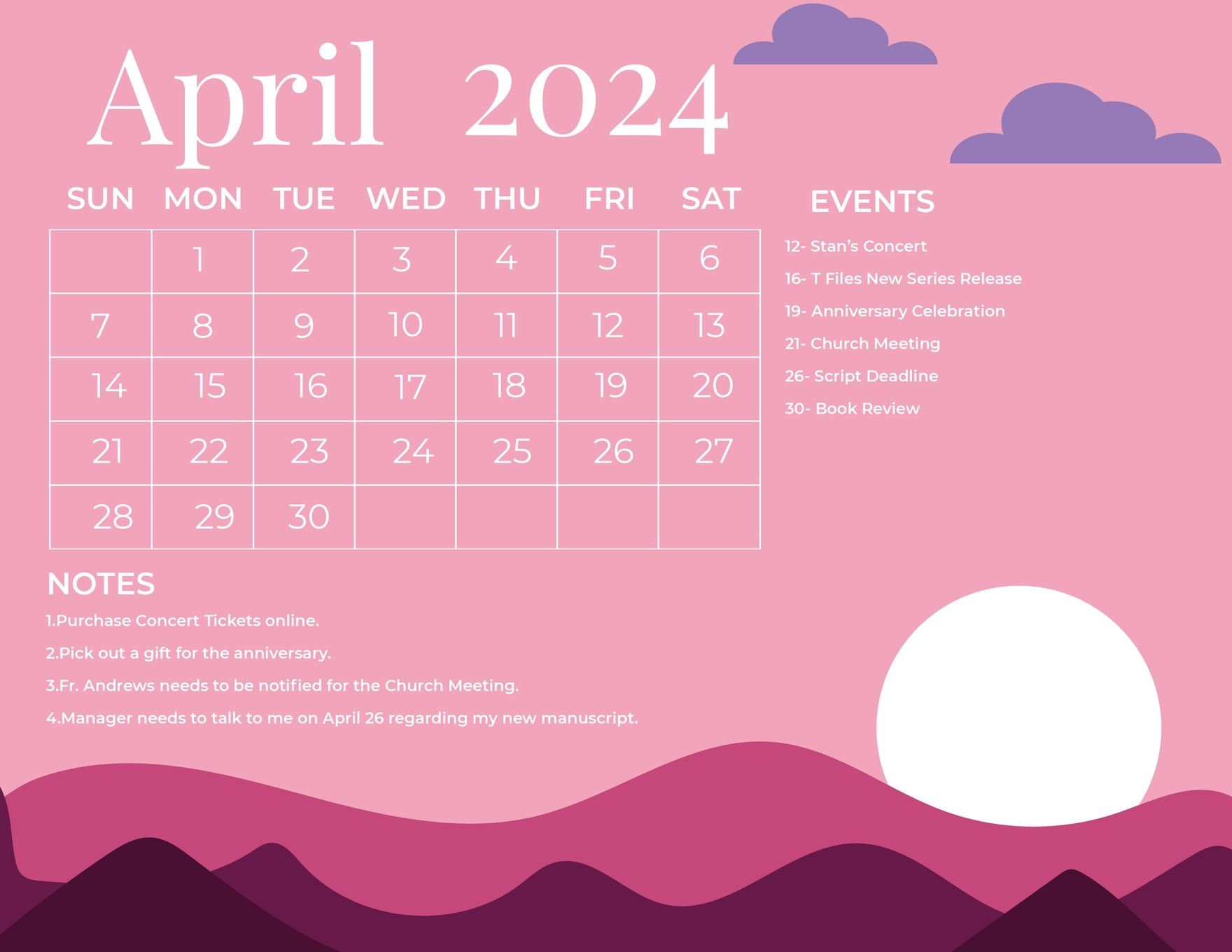 1760x1360 Pink April 2024 Calendar in EPS