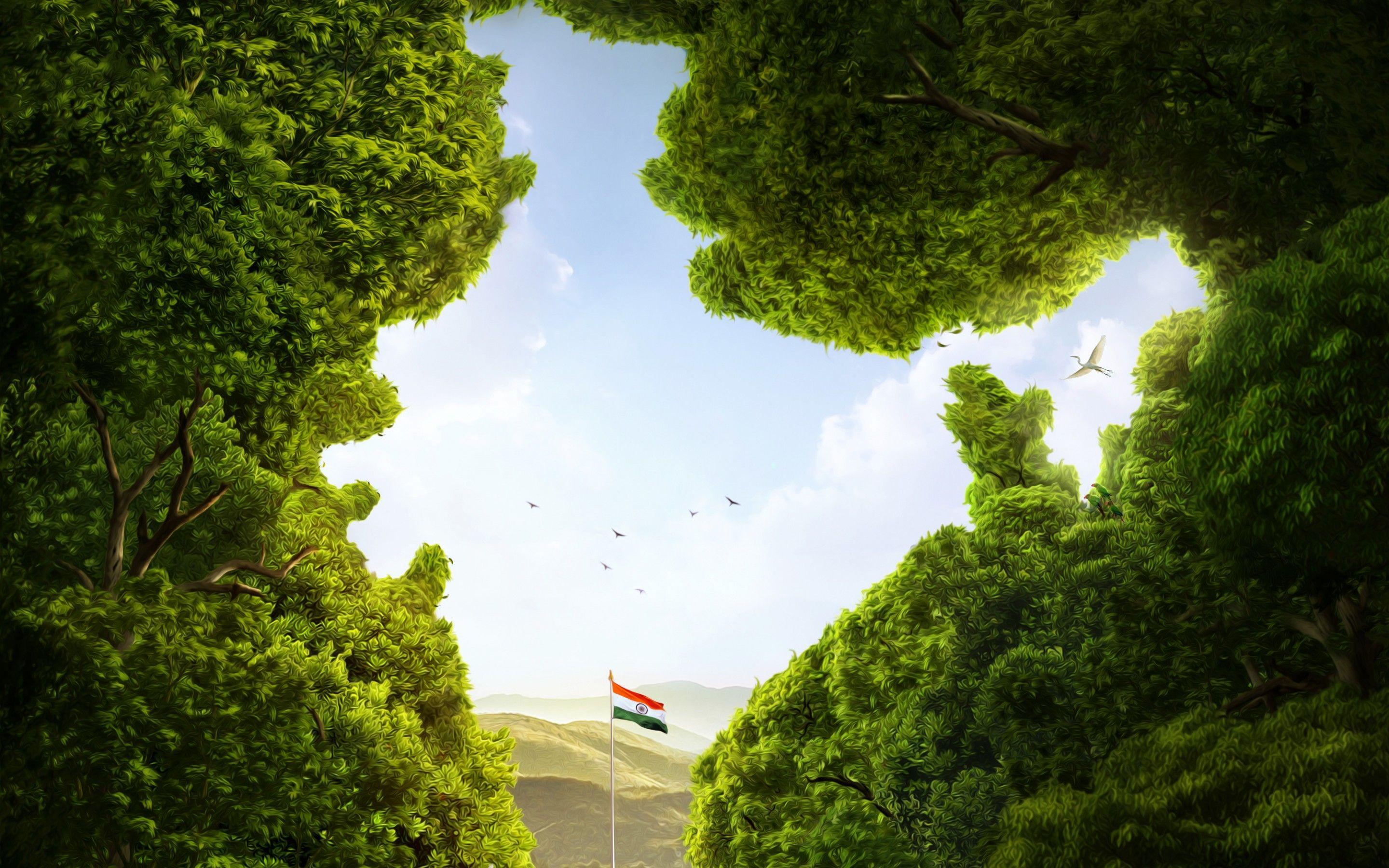 2880x1800 Download wallpaper Indian flag, flagpole, art, forest