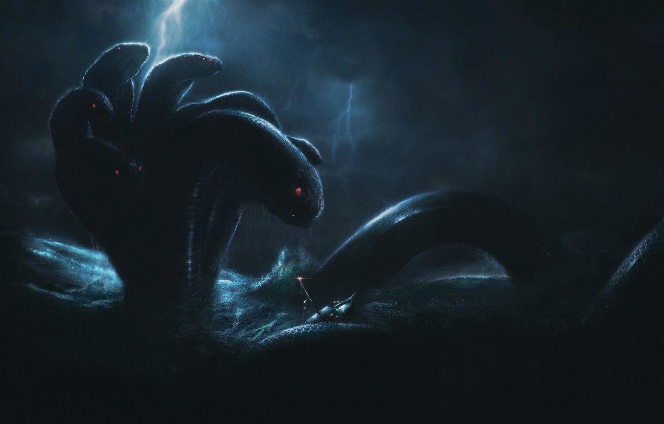 1332x850 Wallpaper Water, Sea, Storm, Snakes, Fiction, Concept Art