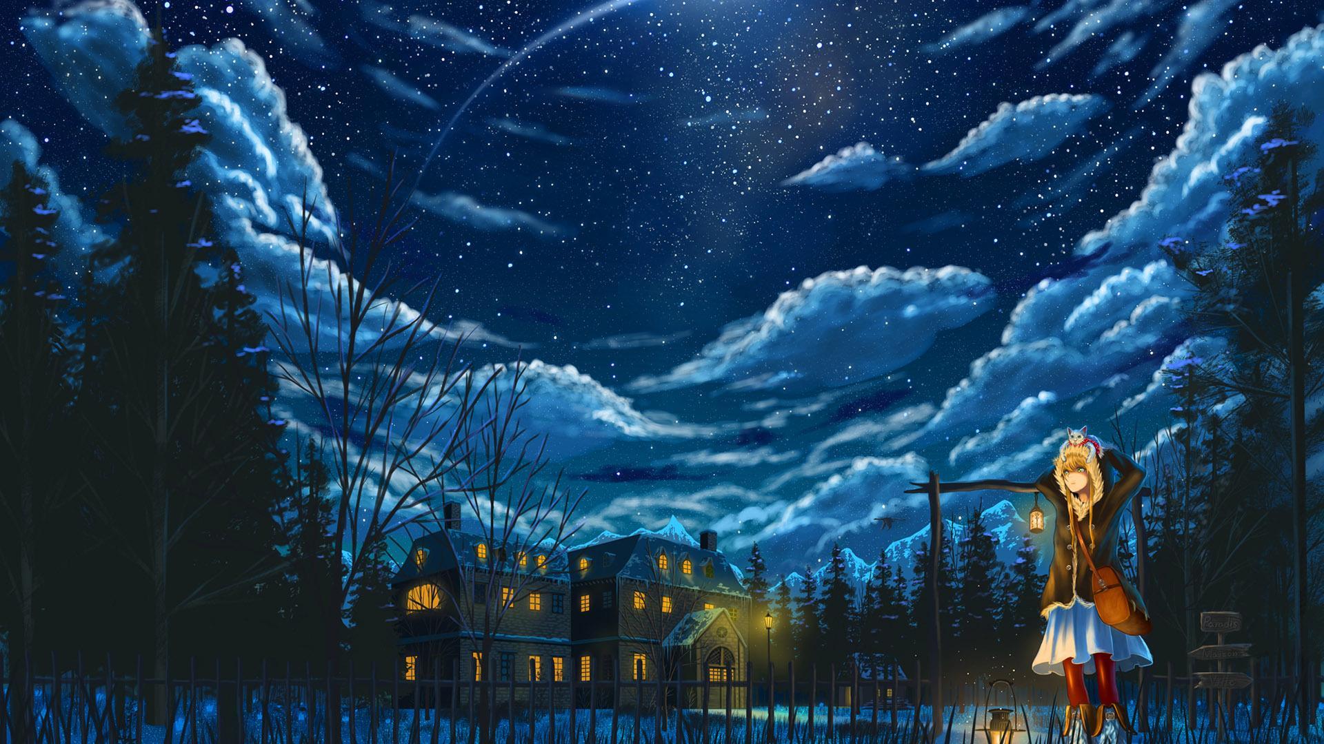 1920x1080 Blonde girl with a cat in the winter night HD desktop