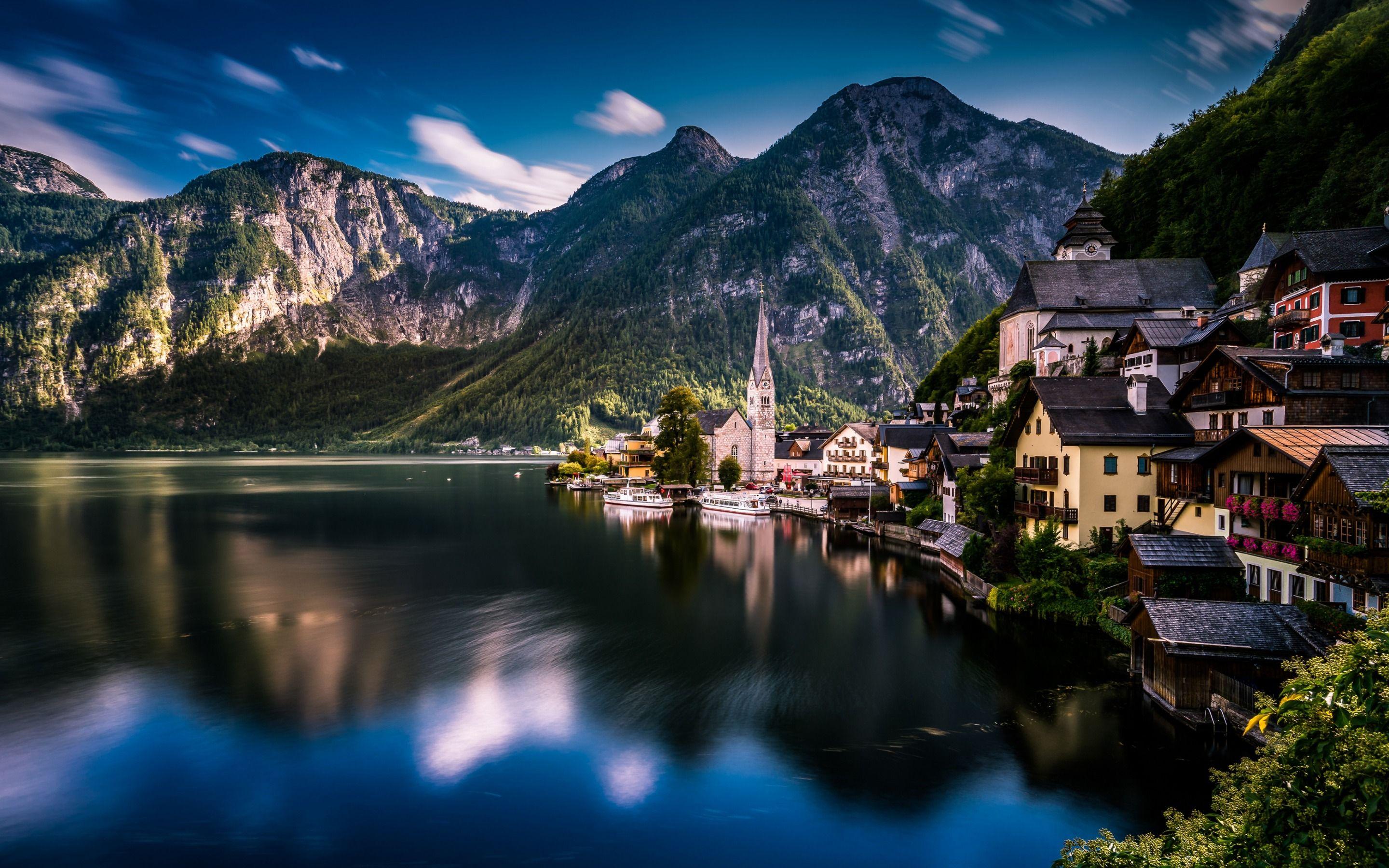 2880x1800 Download wallpaper Hallstatt, Austria, lake, mountain landscape, morning, summer, Lake Hallstatt, Salzkammergut for desktop with resolution 2880x1800. High Quality HD picture wallpaper