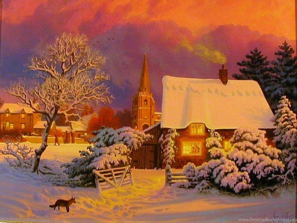 1024x768 Snow Cottage Trees Winter Painting Sunset HD Wallpaper