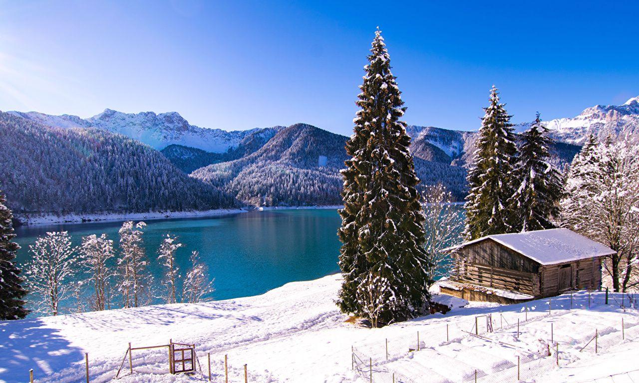 1280x768 Desktop Wallpaper Italy Lago di Sauris Spruce Winter Nature