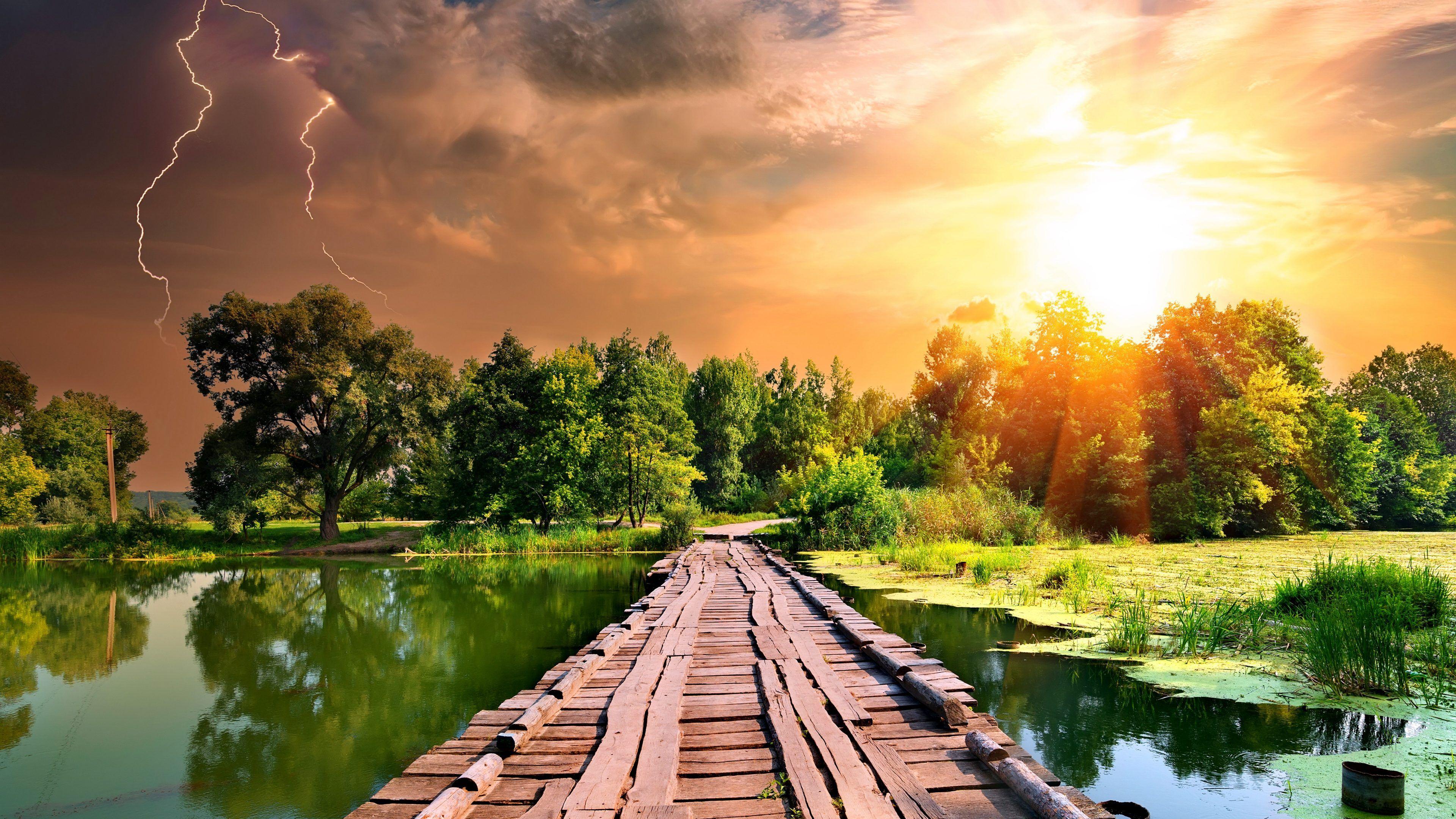 3840x2160 Lake Sunset Nature Lightning Summer Wallpaper