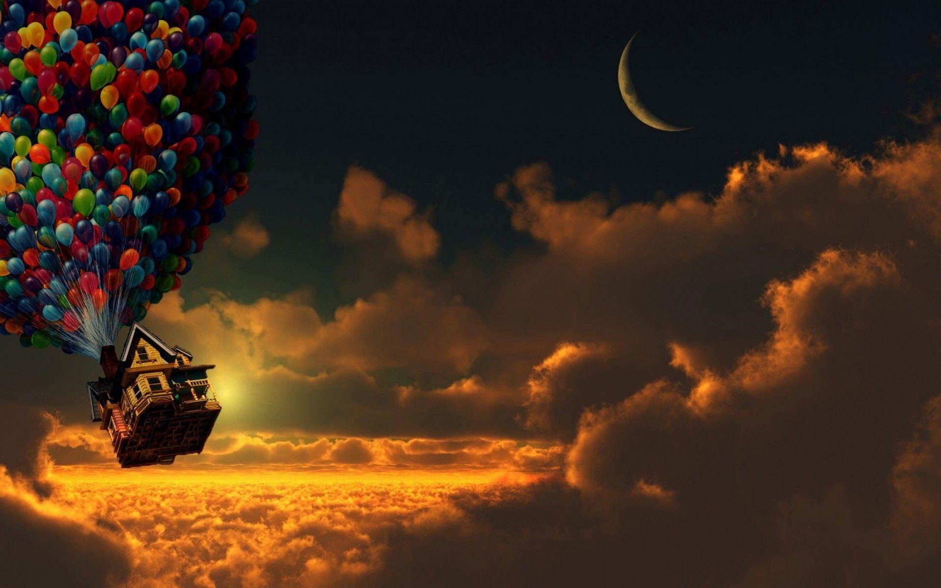 1920x1200 Up (movie), Sunset, Balloons, House, Moon, Crescent Moon