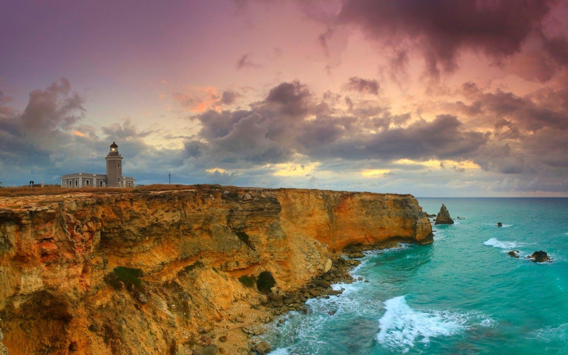 1920x1200 lighthouse, Cliff, Sea, Rock, Clouds, Sunset, Puerto Rico