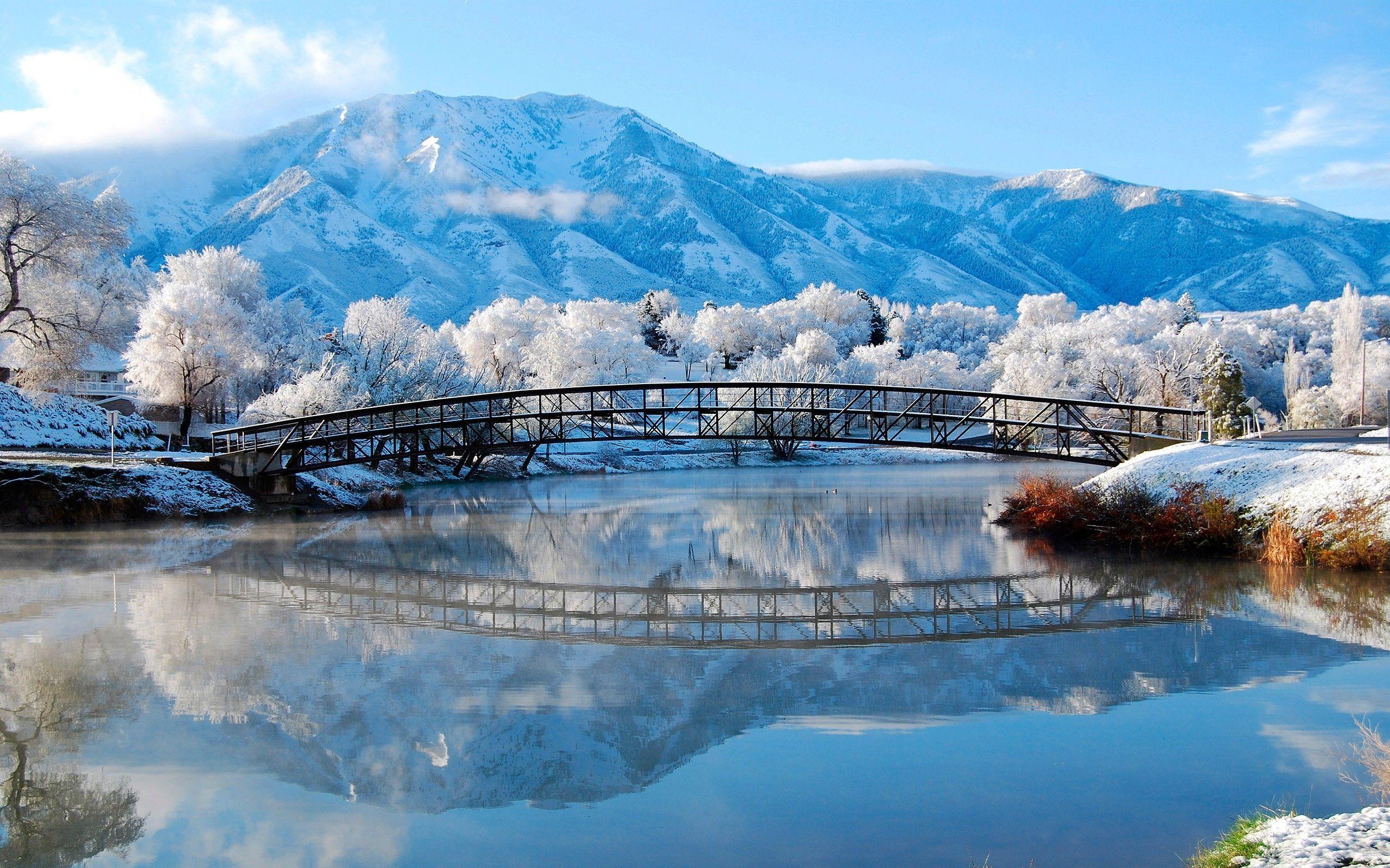 2560x1600 Winter landscape of the small river and mountains HD Desktop