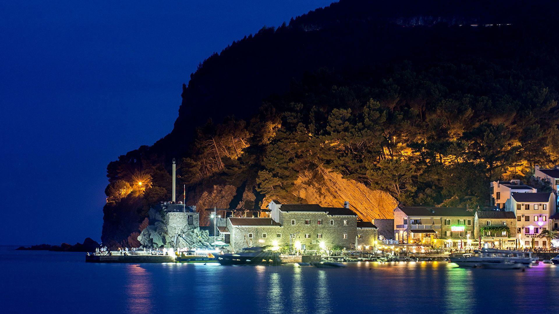 1920x1080 Desktop Wallpaper Montenegro Budva Rock Bay Night Cities