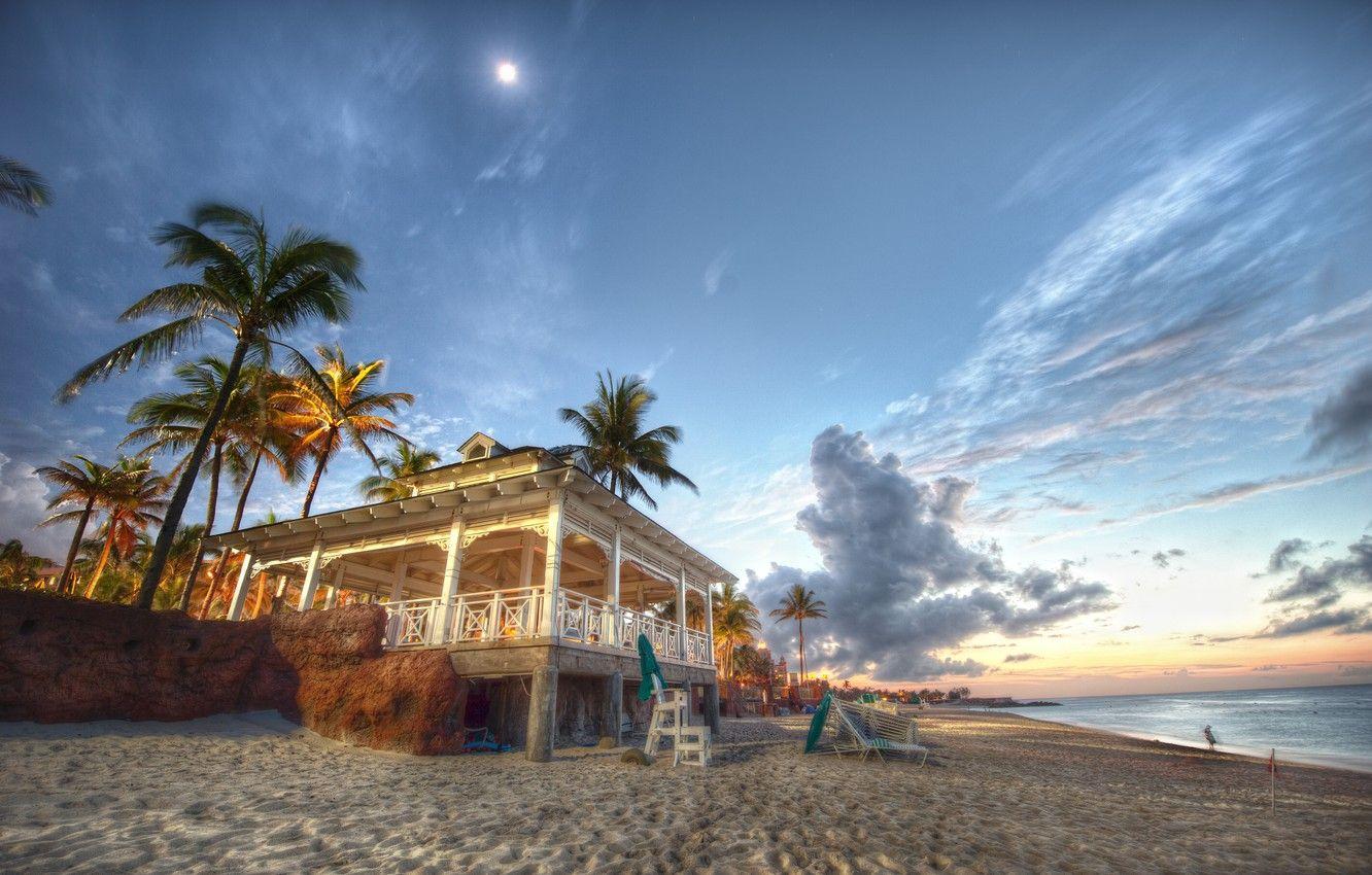1332x850 Wallpaper sand, sea, beach, palm trees, coast, Bahamas