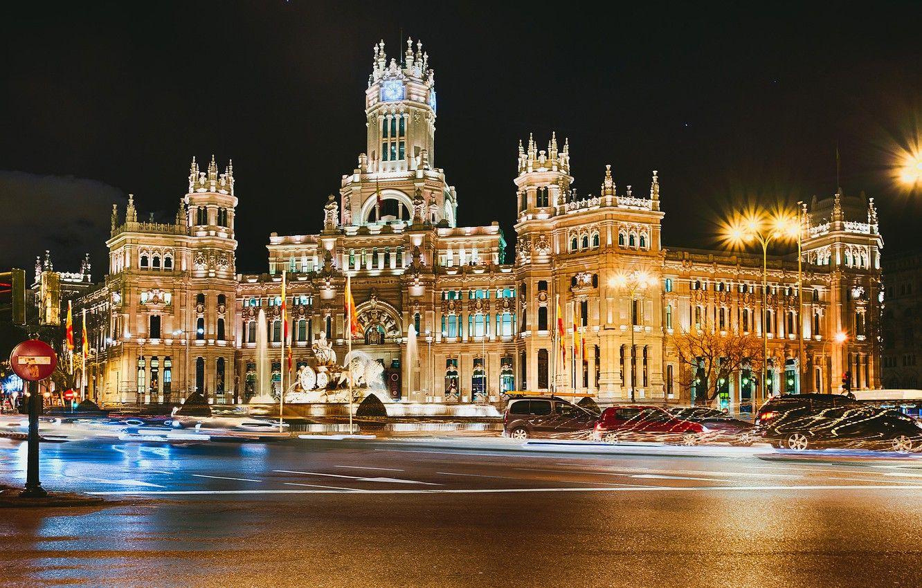 1332x850 Wallpaper road, asphalt, machine, night, the city, lights, the building, excerpt, architecture, Spain, Spain, Madrid, Madrid, Palacio de Cibeles image for desktop, section город