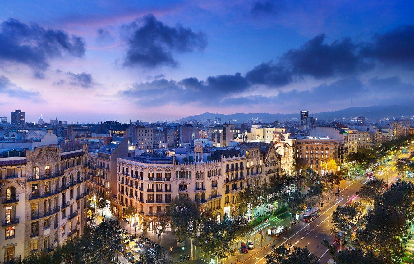 1332x850 Wallpaper road, mountains, street, home, the evening, City, architecture, Spain, Barcelona, Barcelona, Spain, cloud. image for desktop, section город