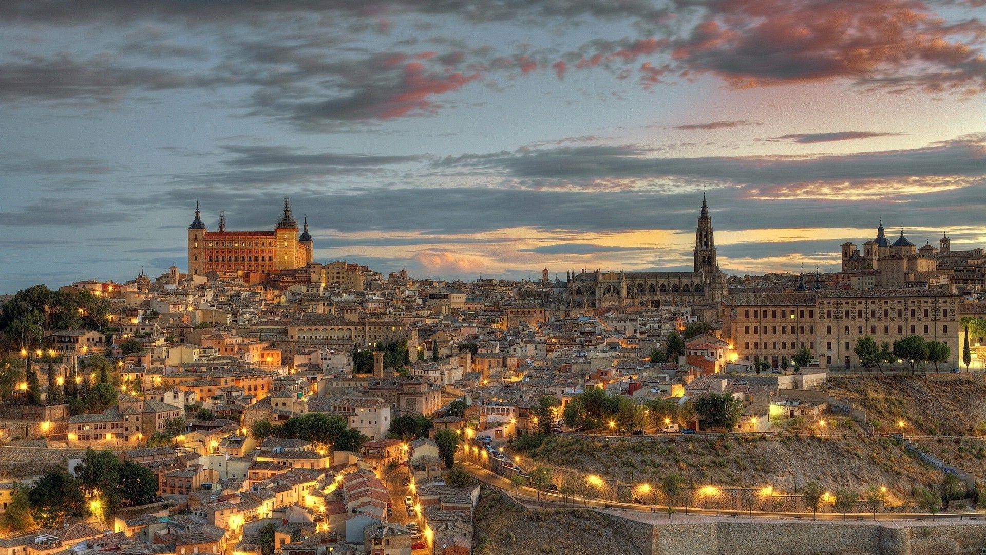 1920x1080 architecture, Cityscape, City, Building, Old building, Street, Cathedral, Street light, Toledo, Spain, Castle, Clouds, Evening, Hill, Trees, House Wallpaper HD / Desktop and Mobile Background