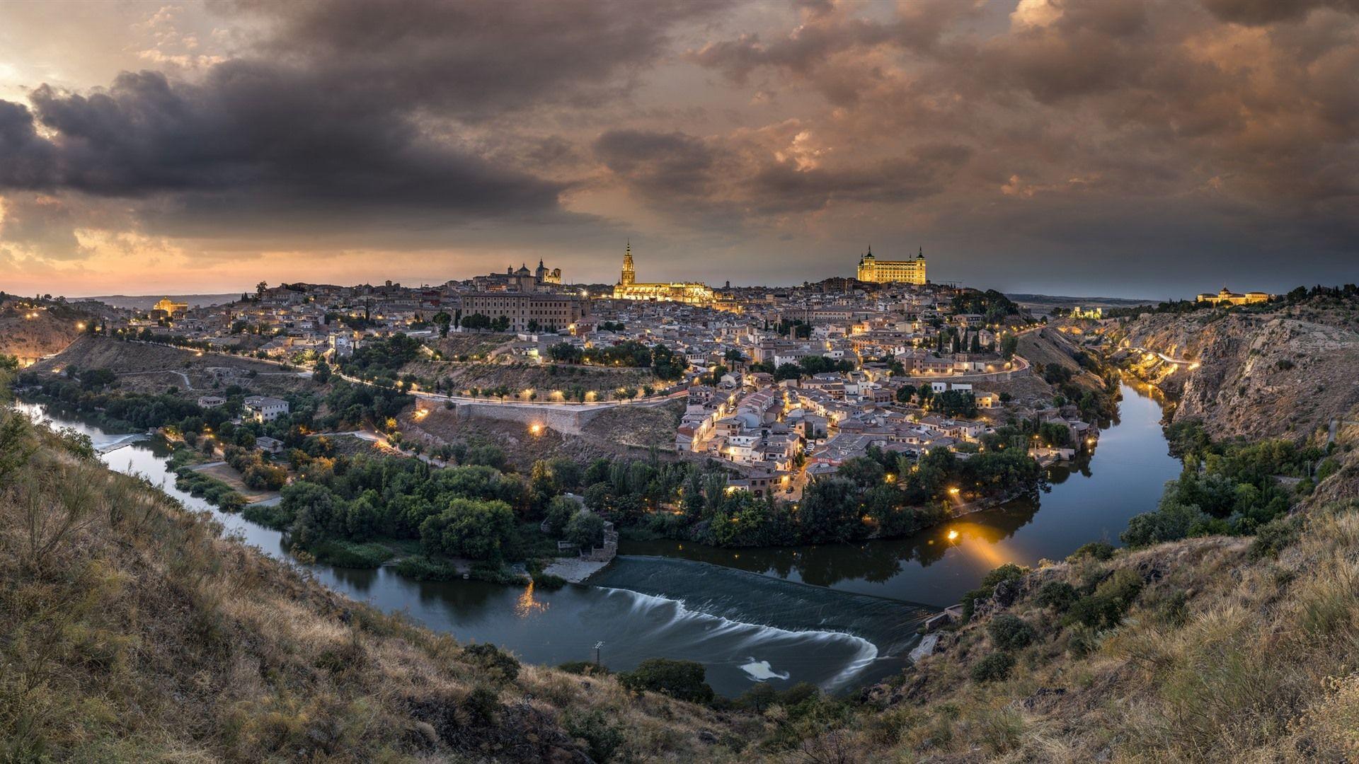 1920x1080 Wallpaper Spain, Toledo, city at night, river, houses