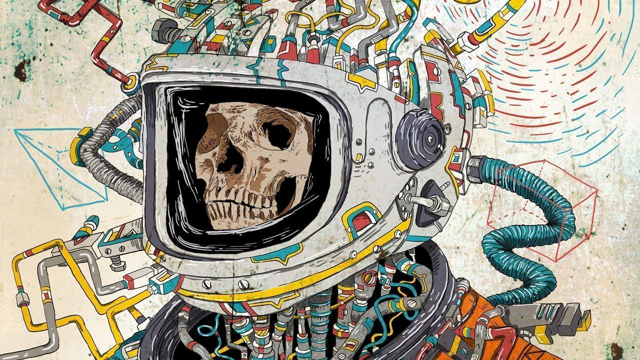 1280x720 Wallpaper skull, space suit, art