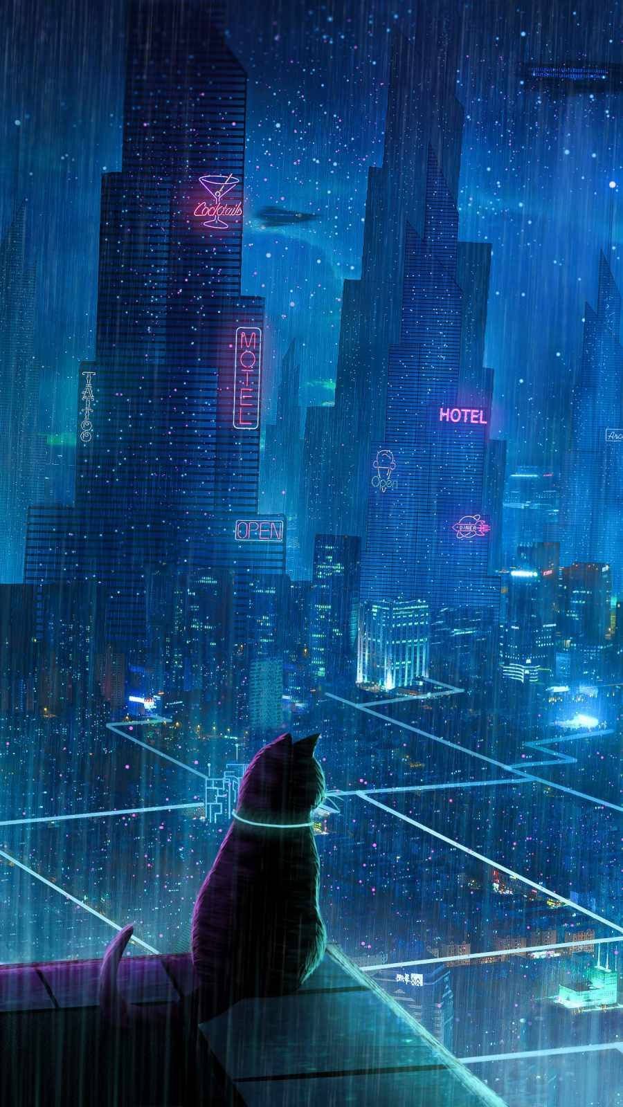 900x1600 Cyberpunk iPhone Black Cat Wallpaper