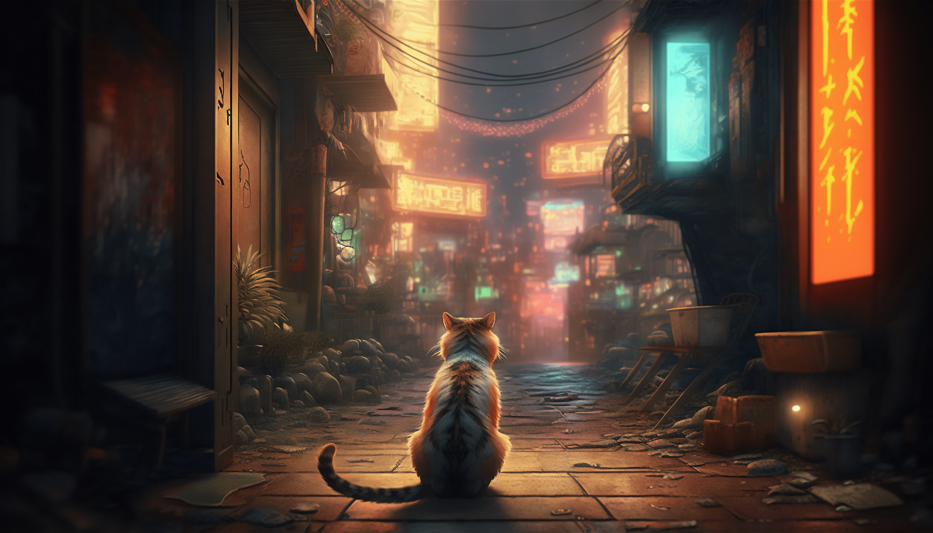 3136x1792 cyberpunk, illustration, cats, Japan