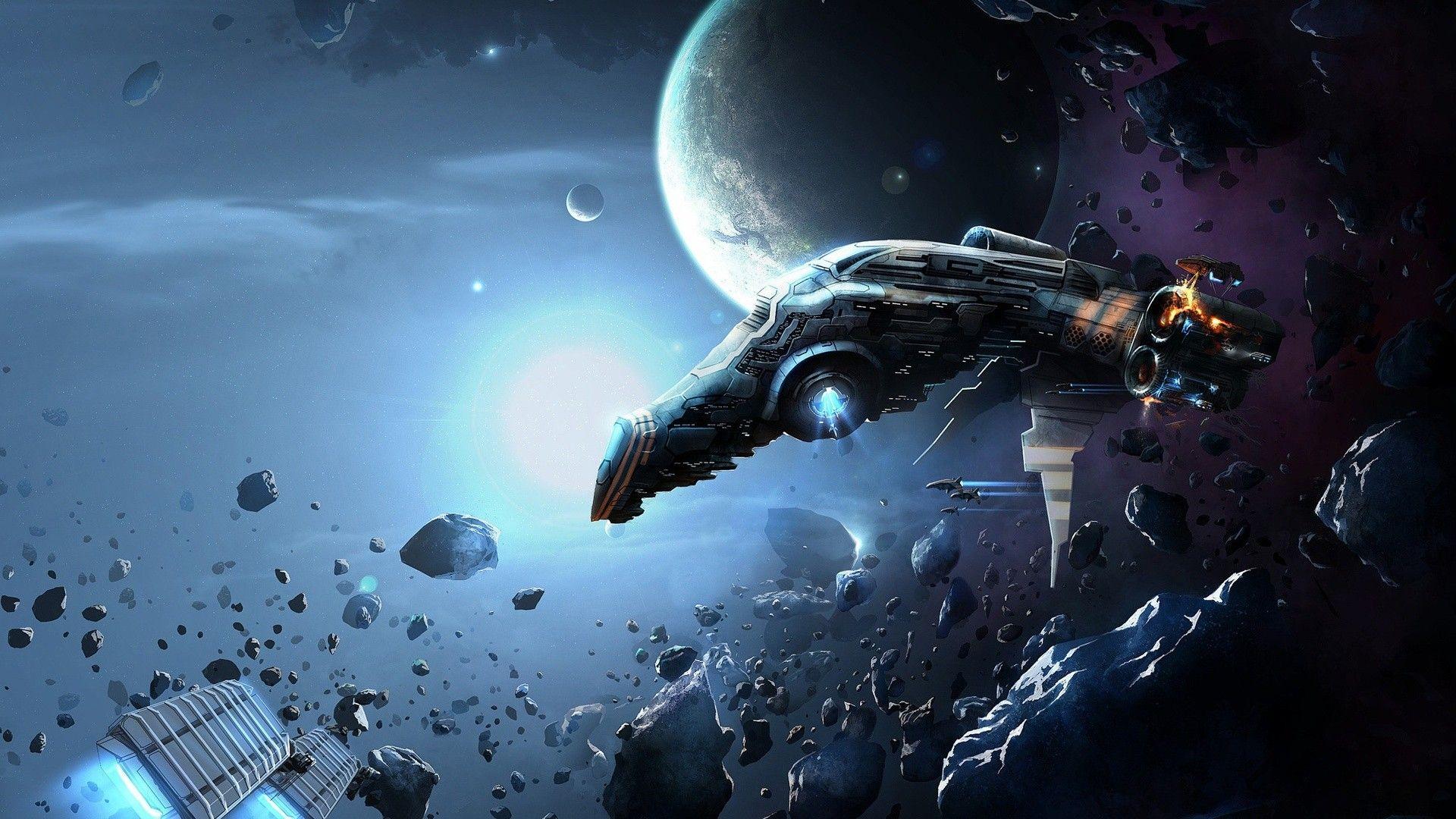 1920x1080 Wallpaper spaceship in asteroid belt free desktop background