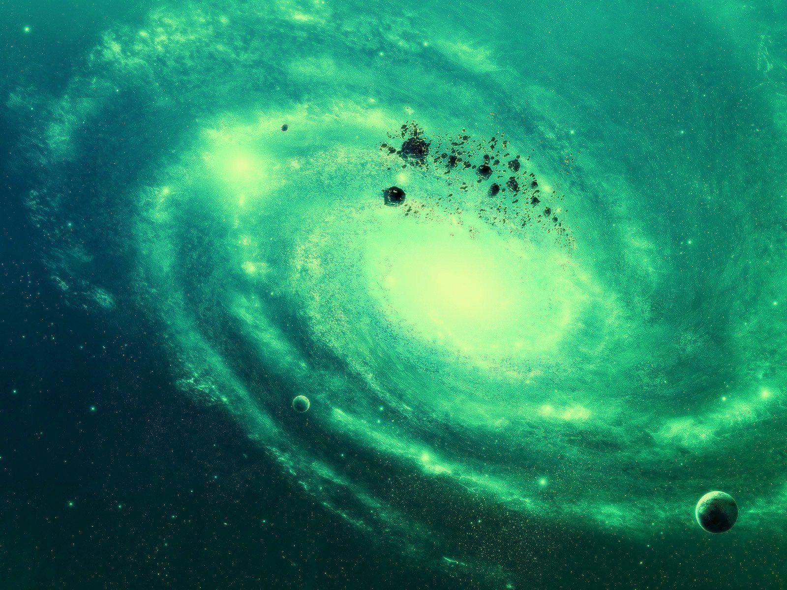 1600x1200 HD Green Outer Space Stars Galaxies Planets Rocks Asteroids