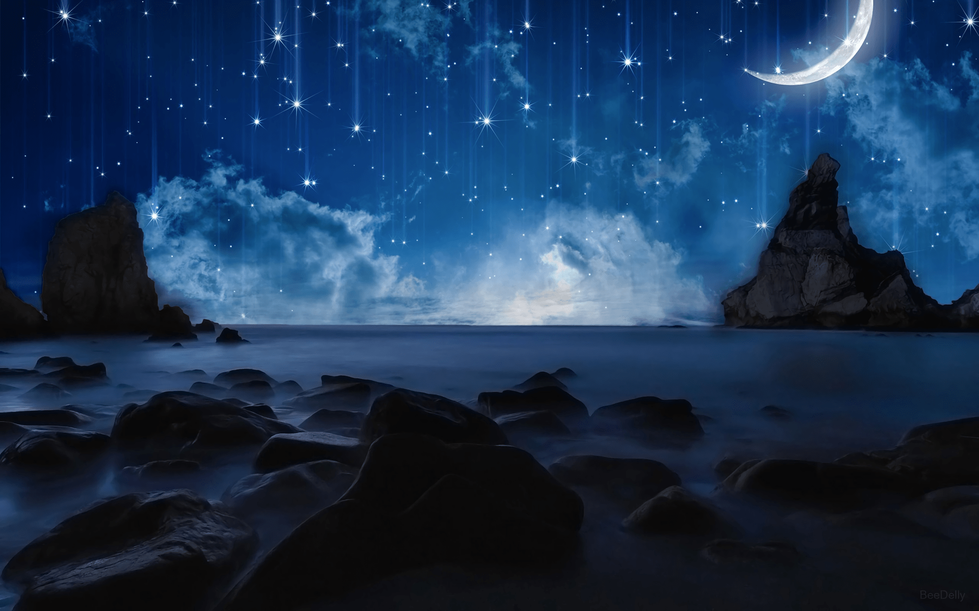 1920x1200 Ocean Rocks, Stars và Moon Hình nền HD.  Hình nền
