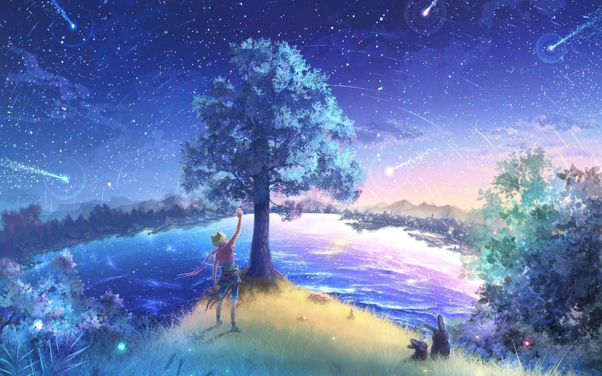 1920x1200 trees stars sky shooting stars animal ears rabbits