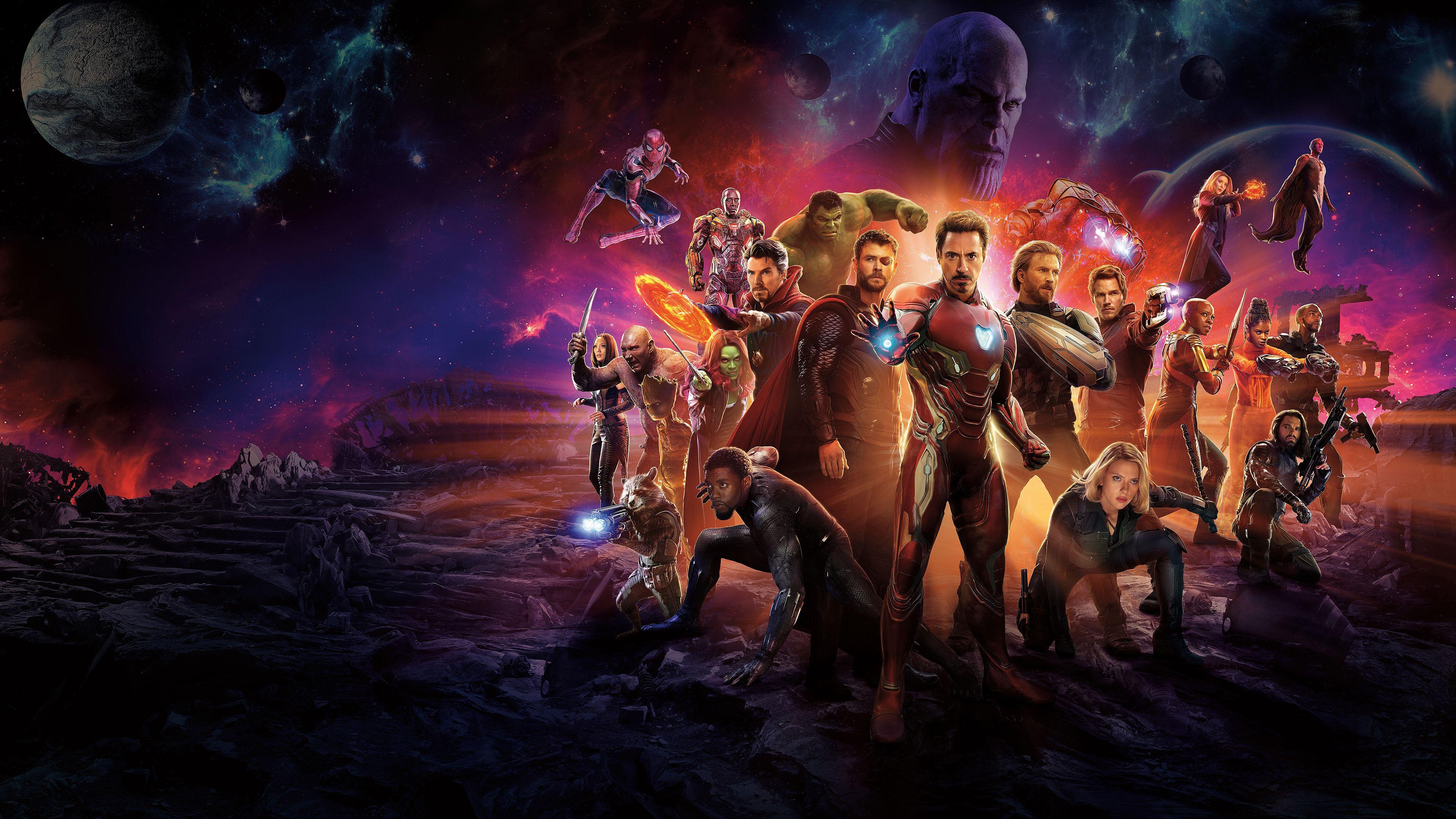 3840x2160 Avengers Infinity War Iron Man Spider Man Doctor Strange Captain America War Machine Vision Acarlet Falcon Groot Rocket Star Lord Gamora Thor Drax Black Widow Hulk Black Panther UHD 4K Wallpaper