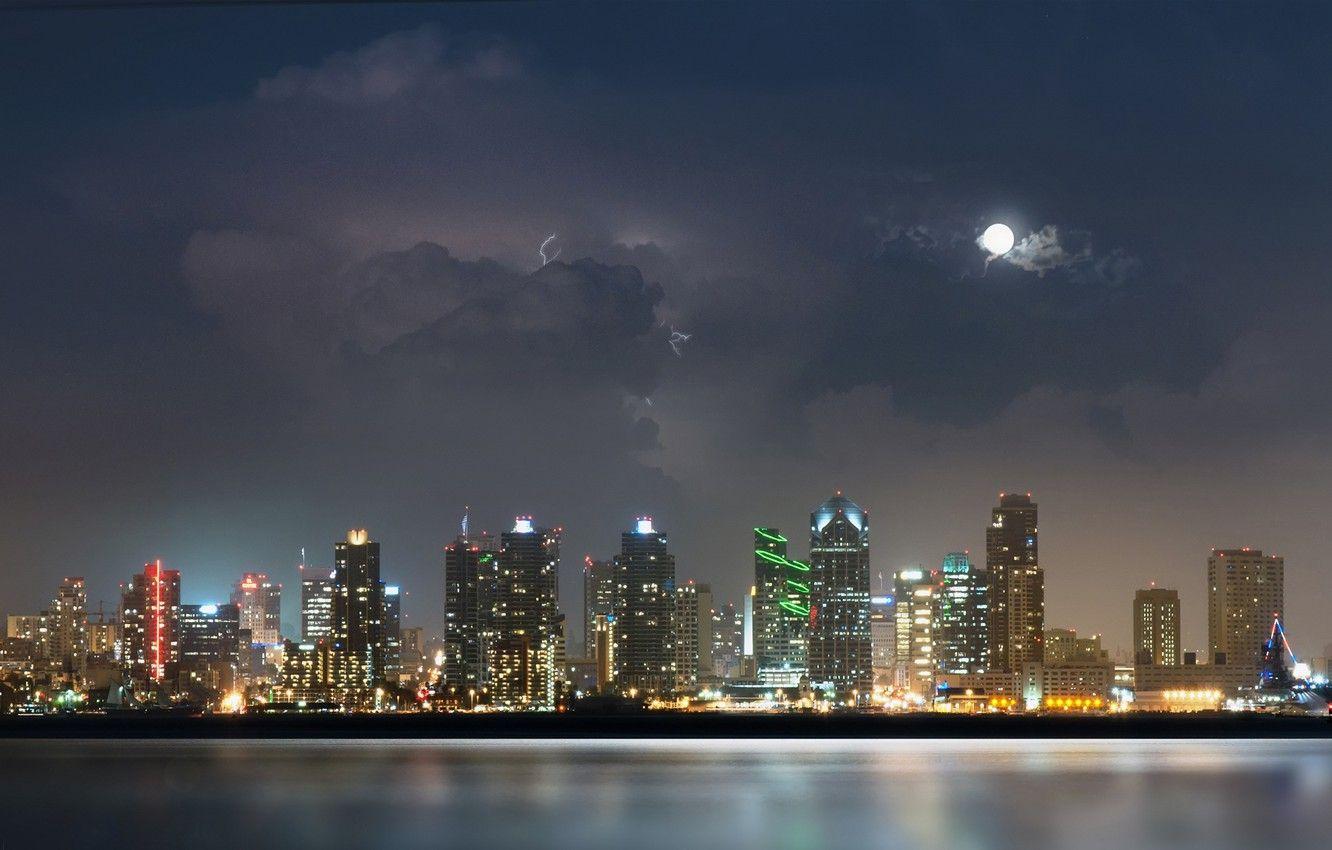 1332x850 Wallpaper the storm, water, night, clouds, the city, lights
